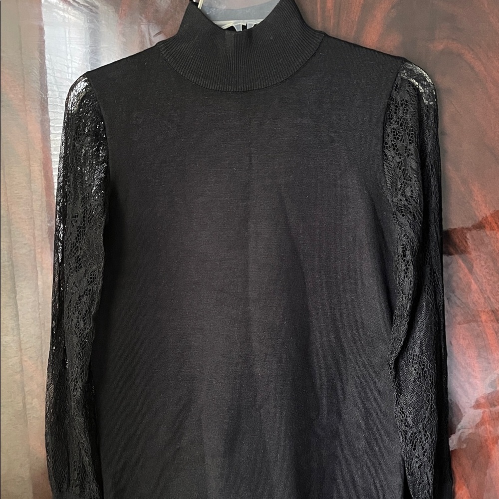 🆕 Carmen Marc Valvo Black Mock-Neck Sweater with Lace Sleeves